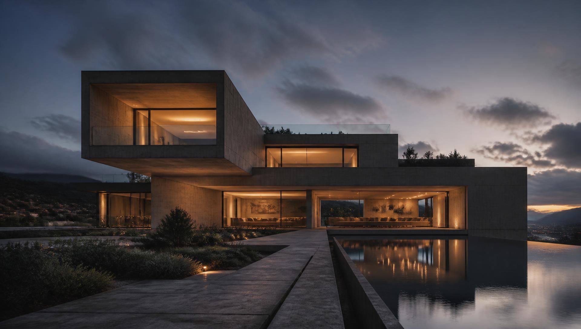 Contemporary minimalist villa at dusk with warm interior lighting